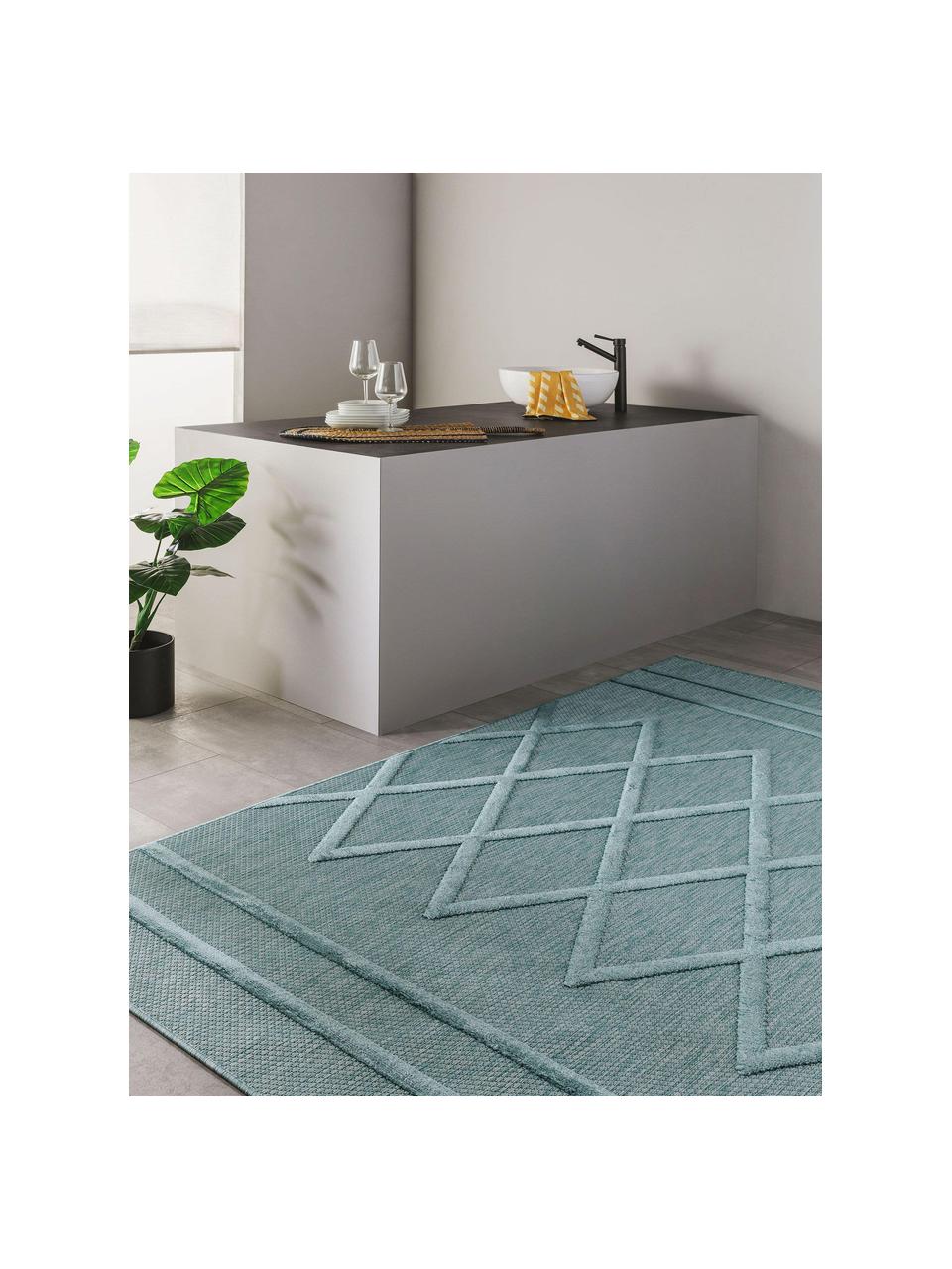 Handgewebter In- & Outdoor-Teppich Bonte mit Hoch-Tief-Effekt, 100 % Polypropylen, Türkis, B 120 x L 170 cm (Größe S)
