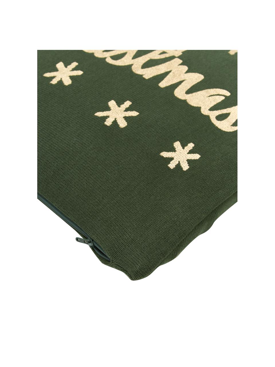 Gebreide kussenhoes Christmas in groen/goudkleur met opschrift, 100% katoen, Groen, goudkleurig, B 40 x L 40 cm