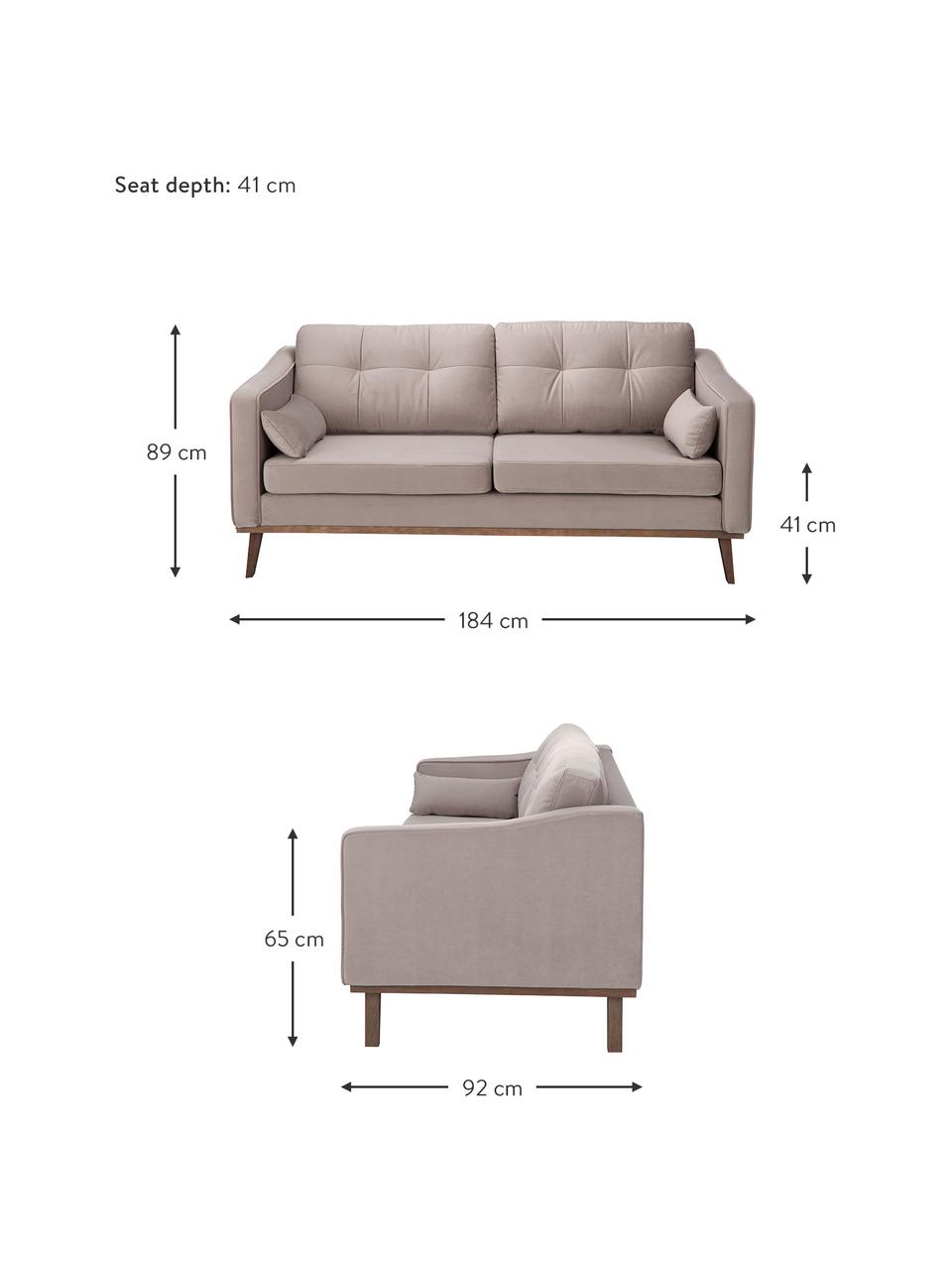 Fluwelen bank Alva (2-zits) in taupe met houten poten, Bekleding: fluweel (hoogwaardig poly, Frame: massief grenenhout, Poten: massief gebeitst beukenho, Taupe, B 184 x D 92 cm