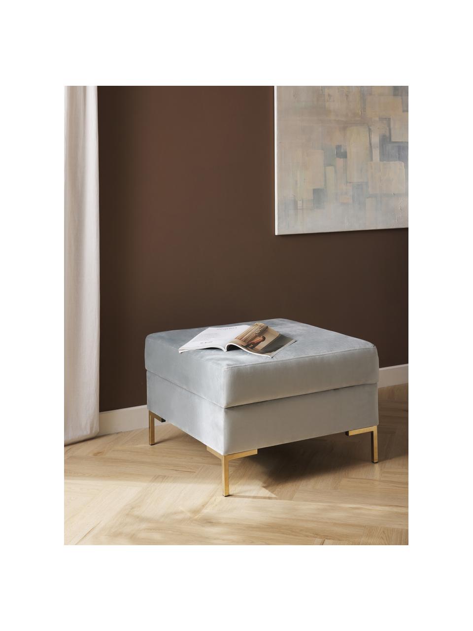 Reposapiés puf de terciopelo Luna, con espacio de almacenamiento, Funda: terciopelo (100% poliéste, Estructura: madera maciza de haya, ma, Patas: metal galvanizado, Terciopelo gris, dorado, An 77 x Al 49 cm