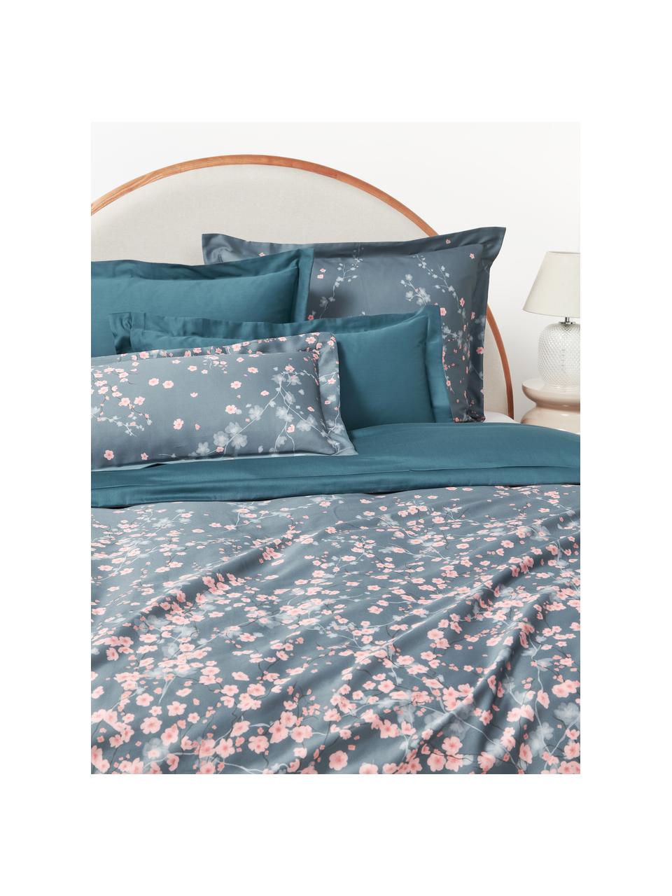 Funda de almohada de satén estampada Sakura, Azul, rosa claro, blanco, An 45 x L 110 cm
