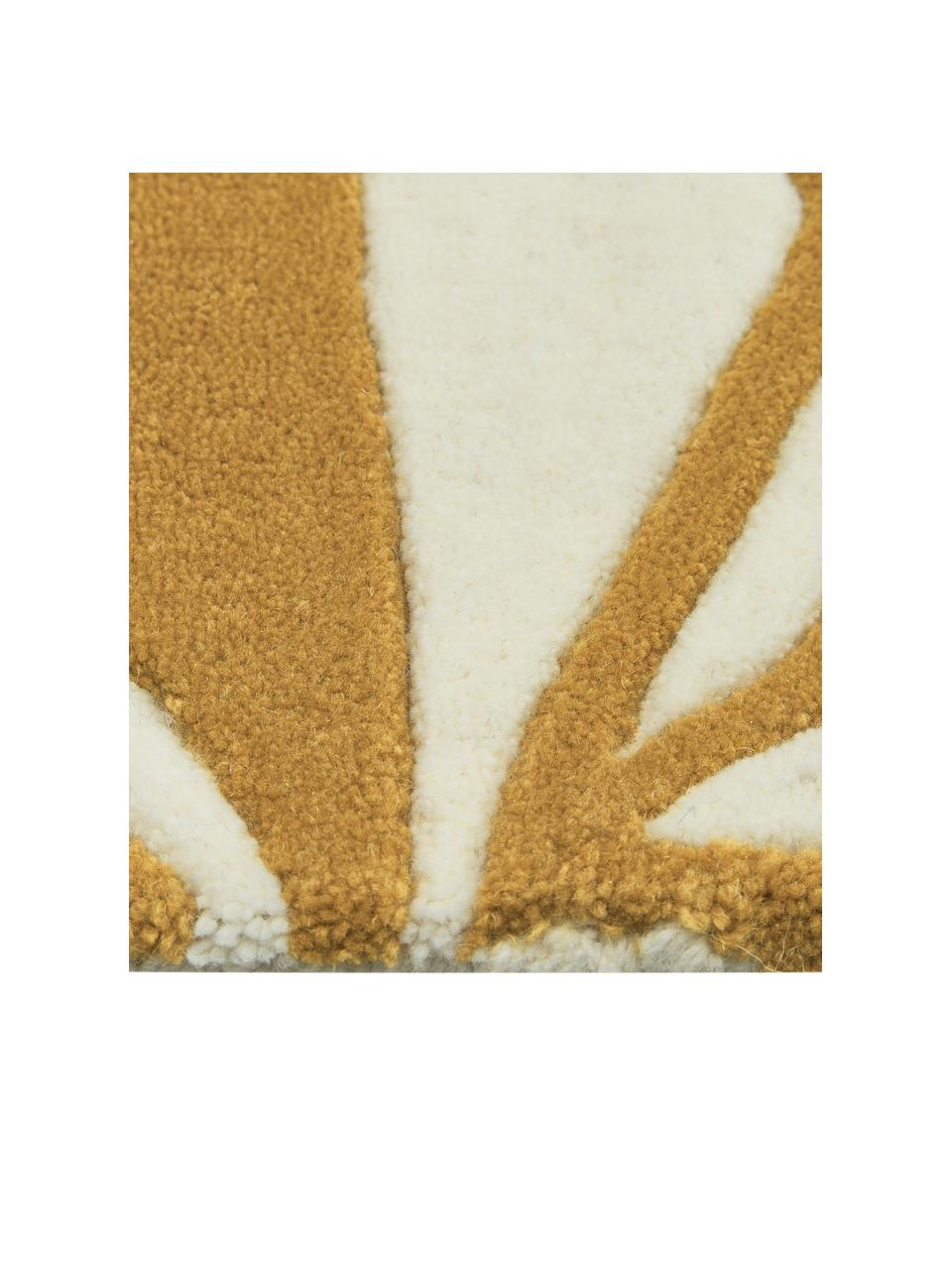 Handgetuft wollen vloerkleed Lando in mosterdgeel, 100% wol

Bij wollen vloerkleden kunnen vezels loskomen in de eerste weken van gebruik, dit neemt af door dagelijks gebruik en pluizen wordt verminderd., Geel, crèmewit, B 80 x L 150 cm (maat XS)