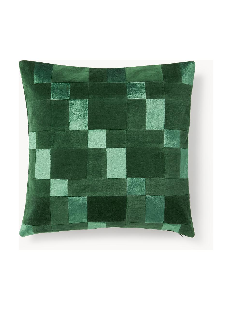 Copricuscino in velluto patchwork Bastien, Retro: 100% cotone, Tonalità verde scuro, Larg. 50 x Lung. 50 cm