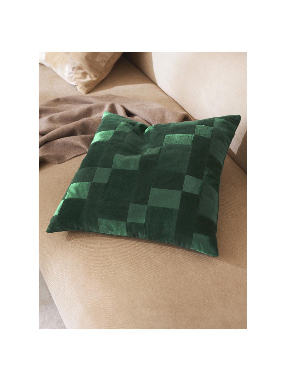 Housse de coussin 50x50 patchwork en velours Bastien, Tons vert foncé, larg. 50 x long. 50 cm