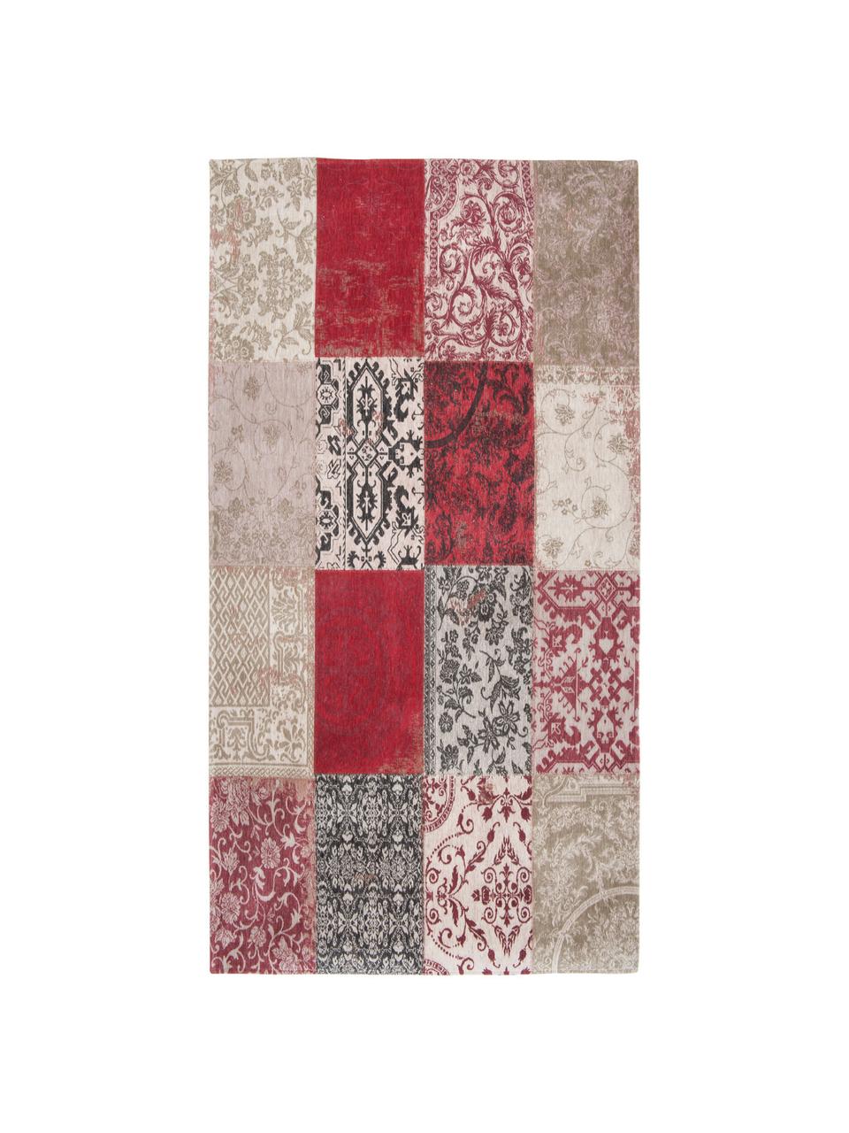 Chenille vloerkleed Multi in patchwork design, Bovenzijde: 85% chenilledraad (katoen, Weeftechniek: jacquard, Onderzijde: katoenmix, gecoat met lat, Rood, beige, zwart, B 140 x L 200 cm (maat S)