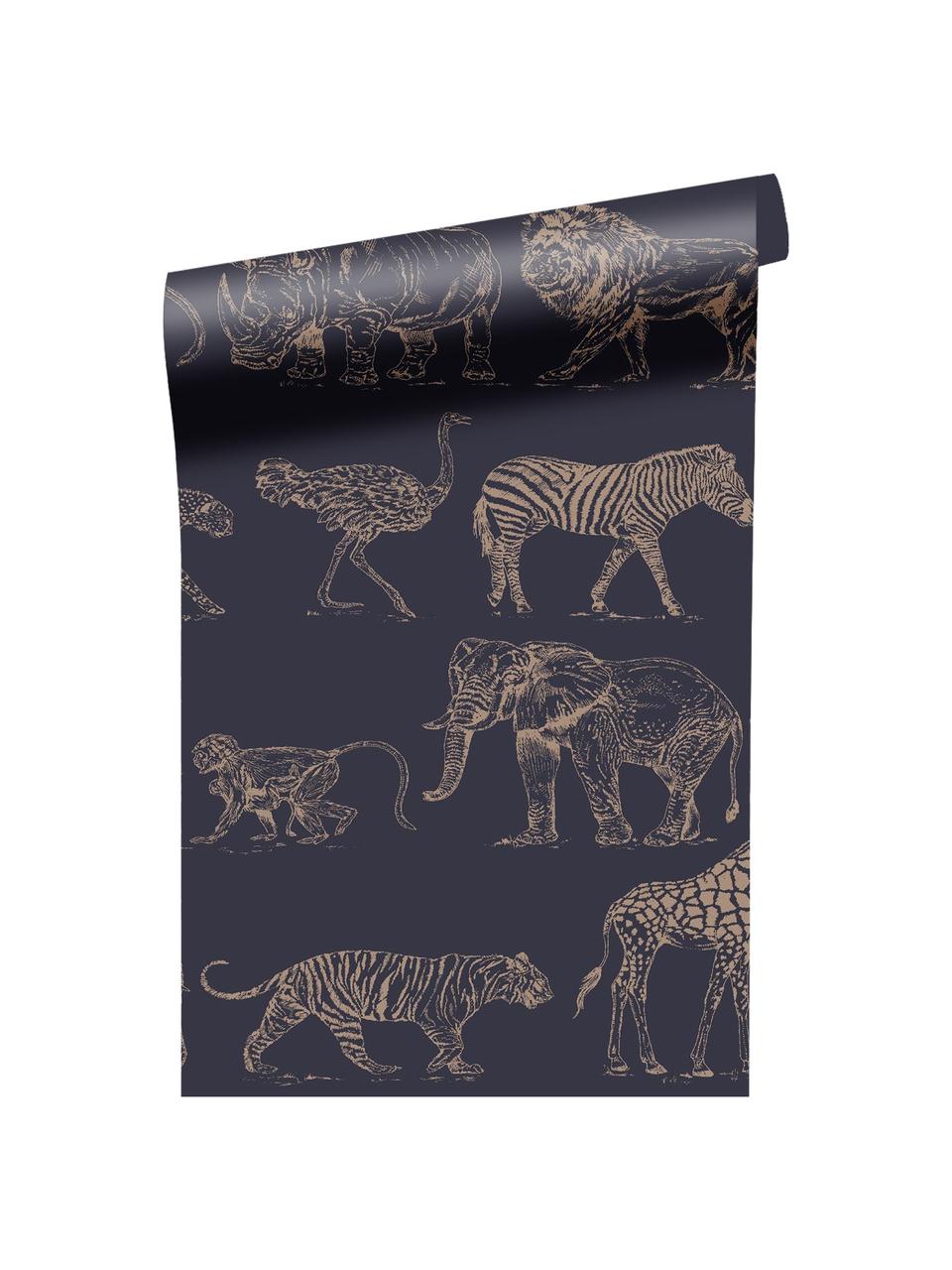 Carta da parati Safari, Tessuto non tessuto, Blu scuro, beige, Larg. 52 x Alt. 1005 cm