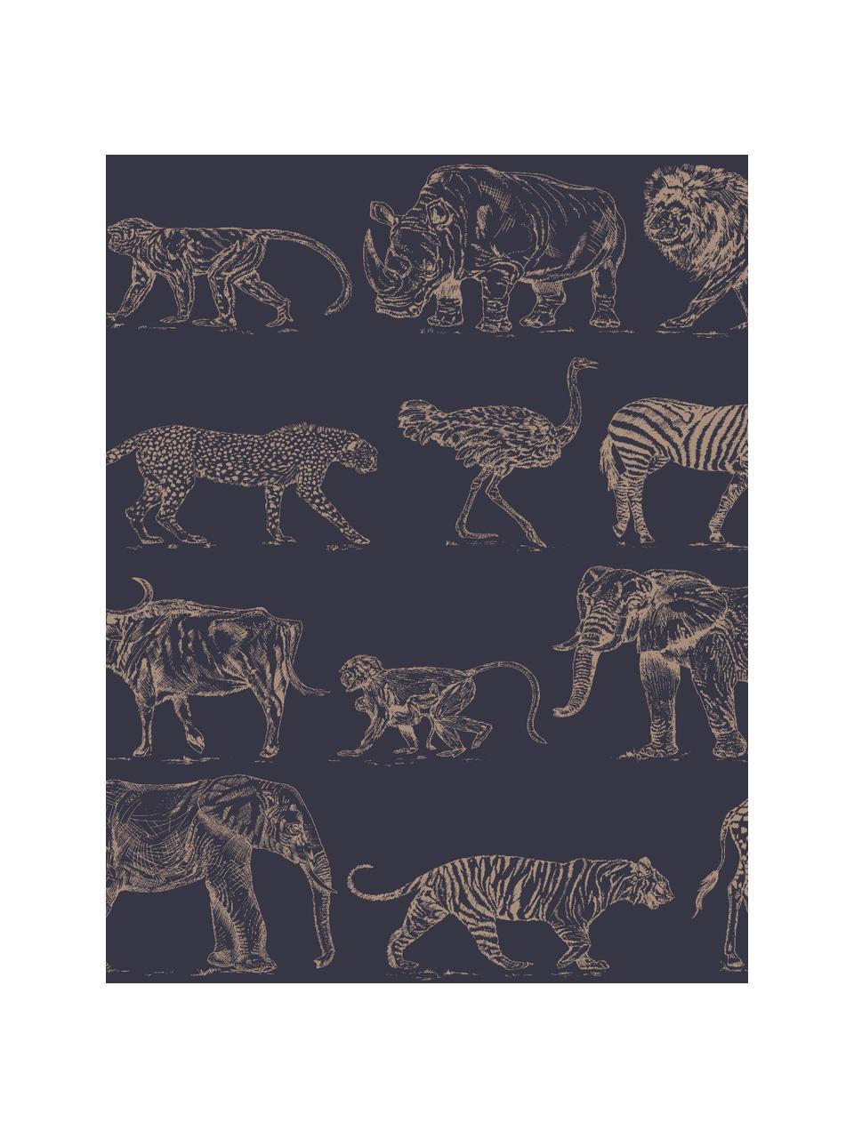 Carta da parati Safari, Tessuto non tessuto, Blu scuro, beige, Larg. 52 x Alt. 1005 cm