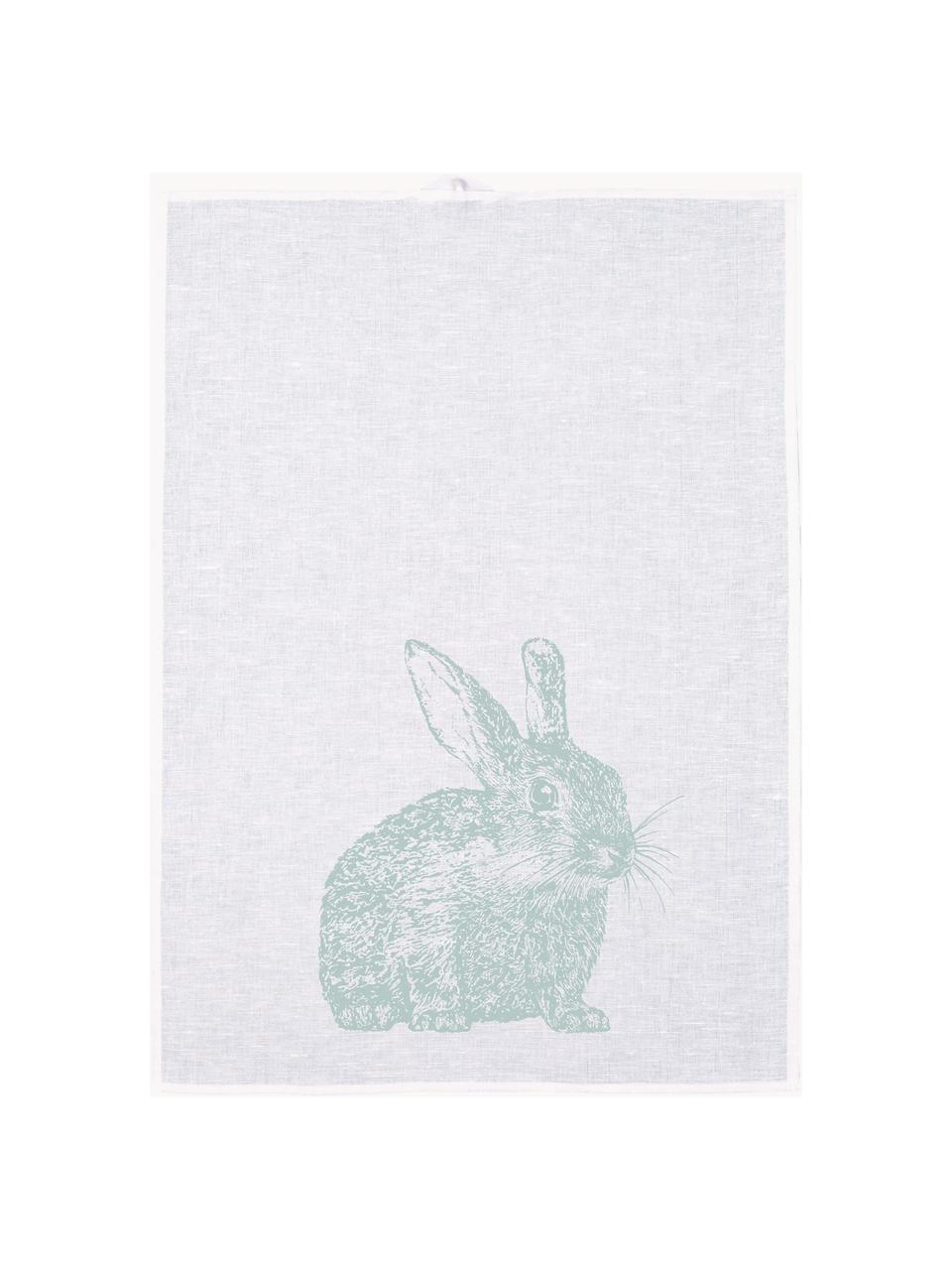 Torchon sérigraphié à la main Lapin de Garenne, 52 % lin, 48 % coton, Blanc, vert menthe, larg. 50 x long. 70 cm