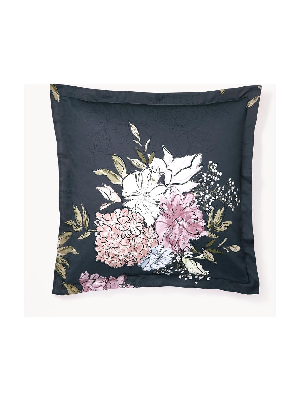 Baumwollsatin-Kopfkissenbezug Margot mit Blumen-Print, Webart: Satin Fadendichte 210 TC,, Dunkelblau, Hellbeige, B 40 x L 80 cm