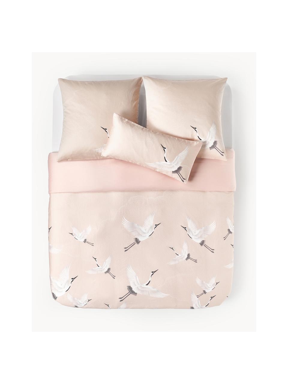 Housse de couette en satin de coton à motif grue Yuma, Rose, larg. 200 x long. 200 cm