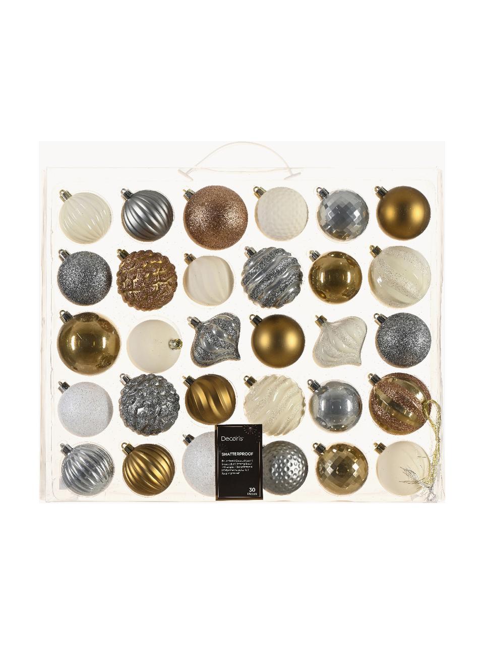 Boules de Noël Grateful, 30 élém., Plastique, Blanc, doré, argenté, Ø 7 cm