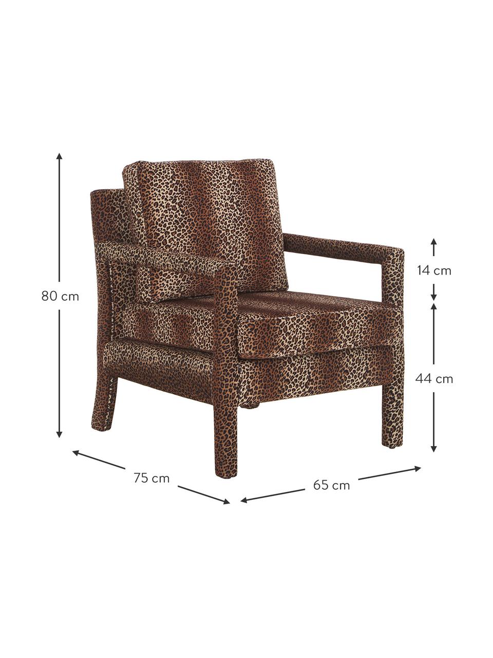 Fluwelen fauteuil Claudette met bruin luipaardpatroon, Bekleding: fluweel (100% polyester), Frame: massief grenenhout, multi, Bruin, zwart, B 65 x H 75 cm