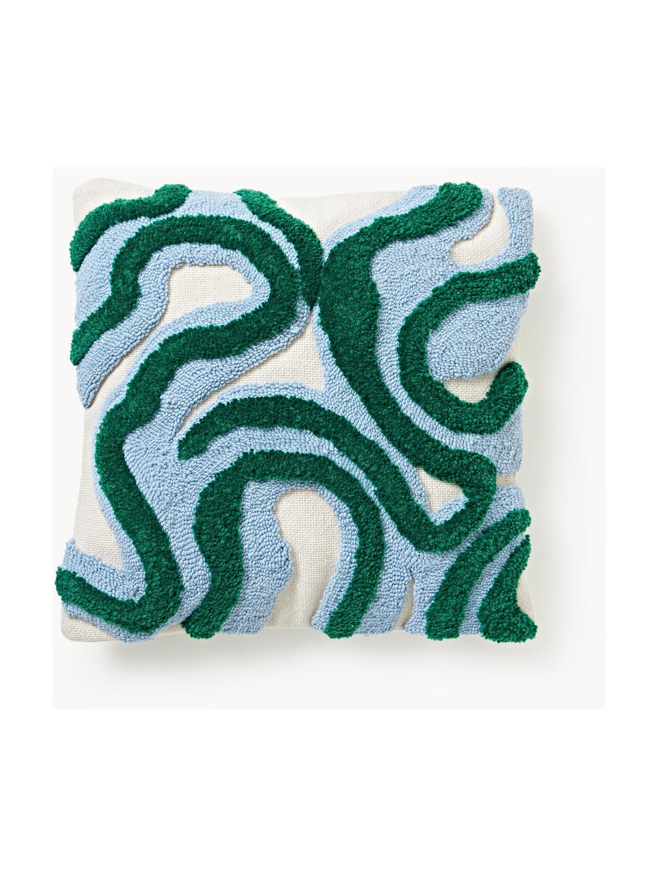 Housse de coussin 50x50 tuftée Jiri, Vert foncé, bleu clair, larg. 50 x long. 50 cm