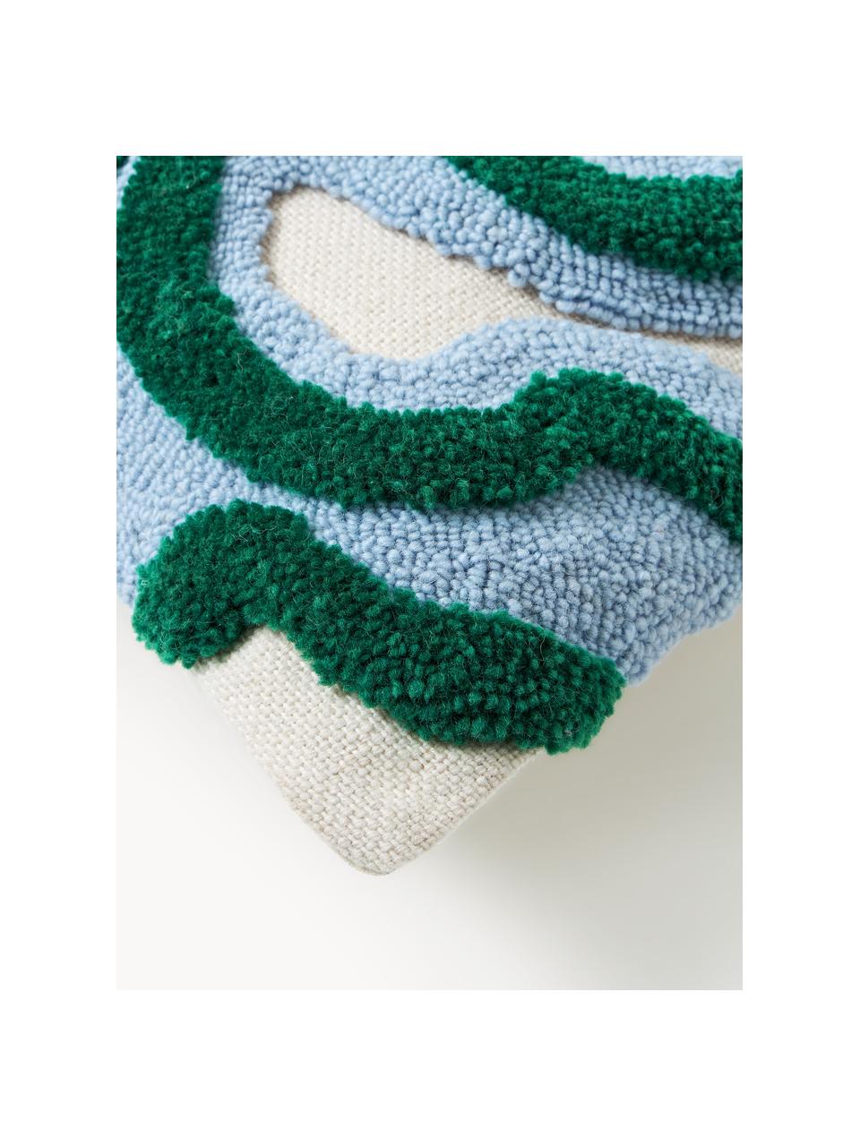Funda de cojín con tejido capitoné Jiri, Parte superior: 85% lana (RWS-certificado, Parte trasera: 100% algodón, Verde oscuro, azul claro, An 50 x L 50 cm
