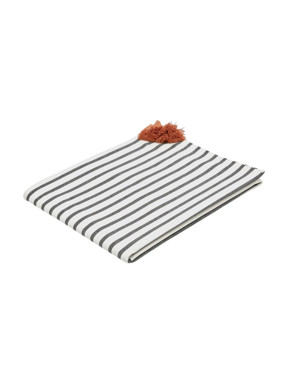 Gestreifte Baumwoll-Tischdecke Aria mit farblich abgesetzten Quasten, Baumwolle, Schwarz, Weiß, Für 8 - 10 Personen (B 140 x L 270 cm)