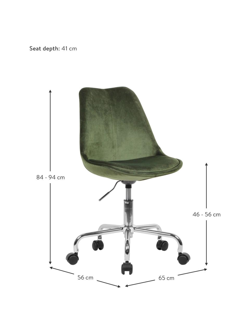 Sedia da scrivania in velluto Lenka, regolabile in altezza, Rivestimento: velluto, Struttura: metallo cromato, Velluto verde, Larg. 65 x Prof. 56 cm