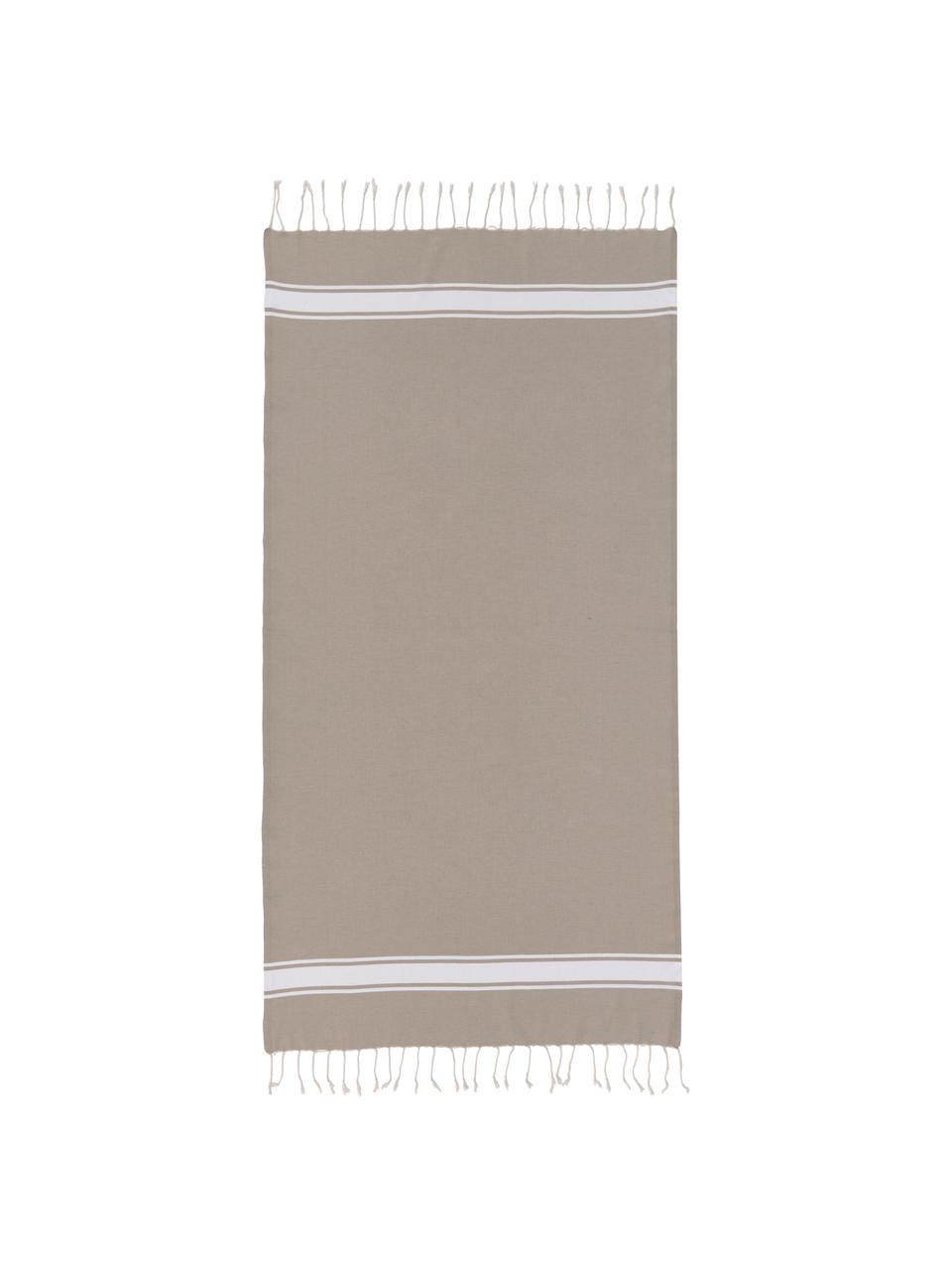 Fouta rayé à franges St Tropez, 100 % coton, Beige, blanc, larg. 100 x long. 200 cm