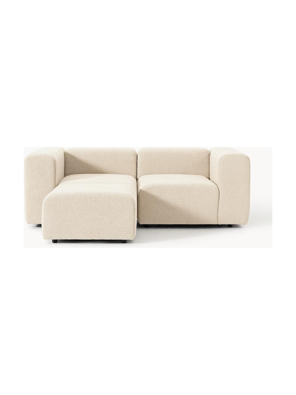 Modulares Bouclé-Sofa Lena (3-Sitzer) mit Hocker (links/rechts), Bezug: Bouclé (93 % Polyester, 6, Gestell: Buchenholz, Spanplatte, H, Füße: Kunststoff, Bouclé Hellbeige, B 211 x T 181 cm