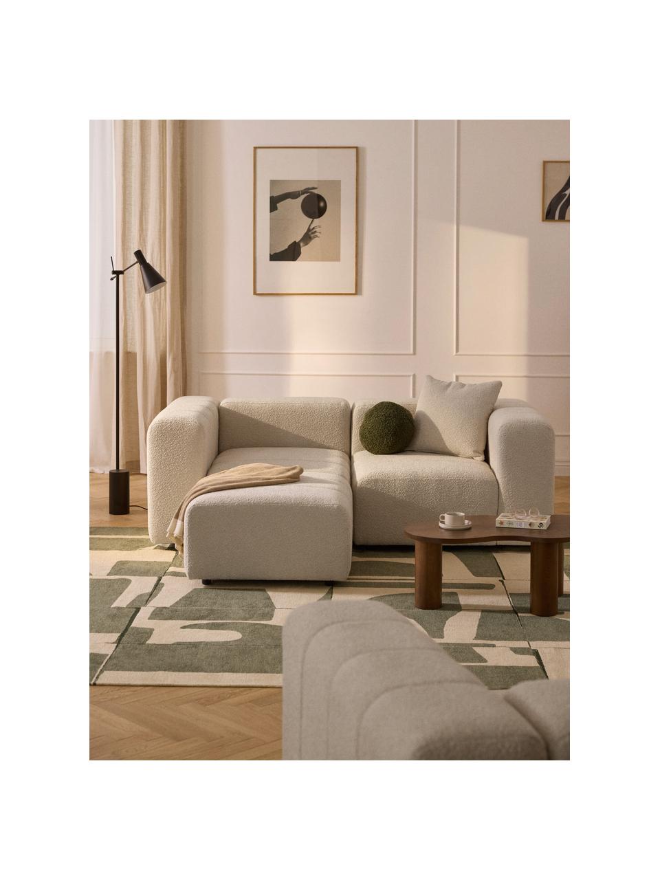 Modulares Bouclé-Sofa Lena (3-Sitzer) mit Hocker, Bezug: Bouclé (93 % Polyester, 6, Gestell: Buchenholz, Spanplatte, H, Füße: Kunststoff, Bouclé Hellbeige, B 211 x T 181 cm