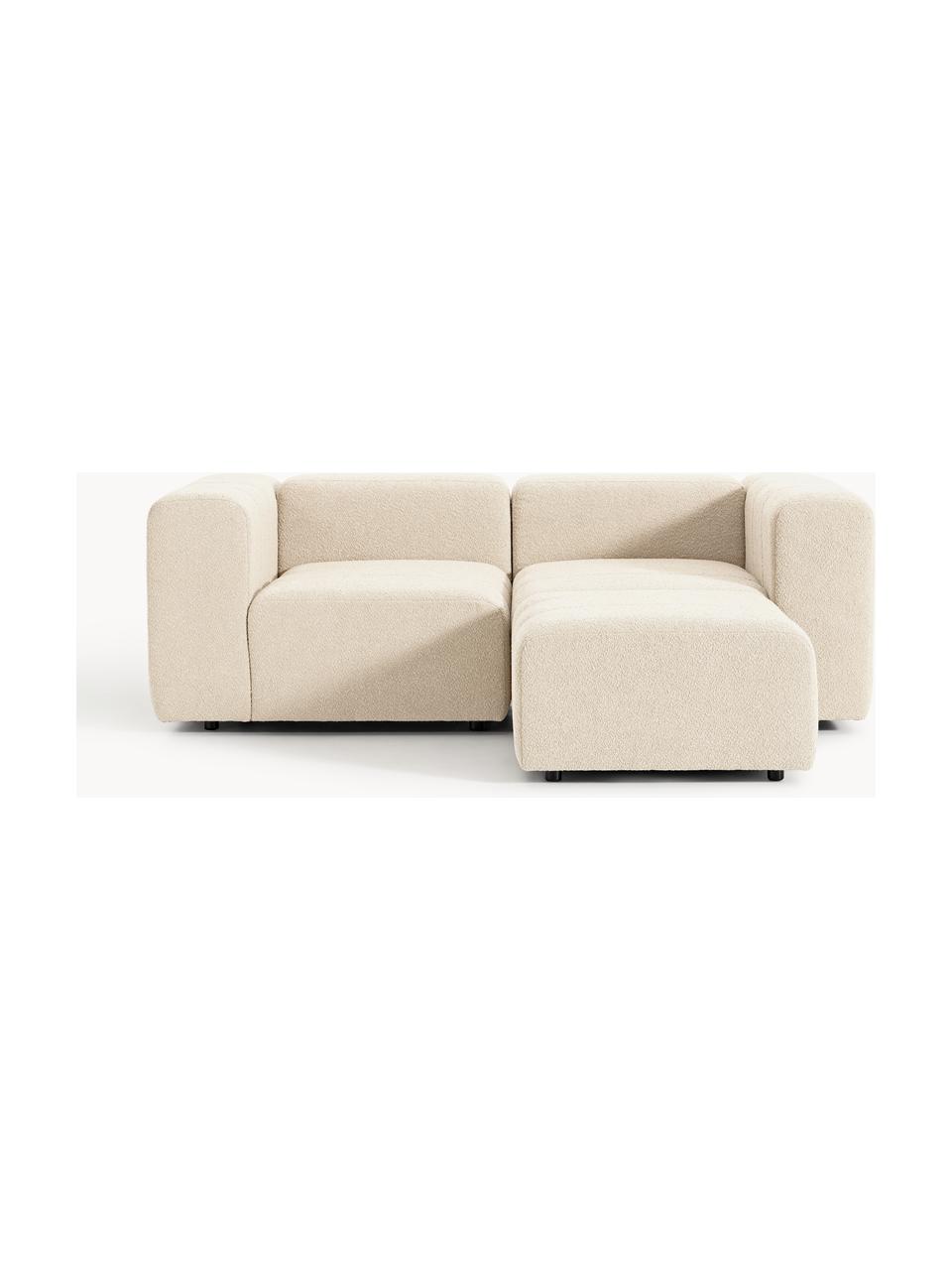 Modulares Bouclé-Sofa Lena (3-Sitzer) mit Hocker (links/rechts), Bezug: Bouclé (93 % Polyester, 6, Gestell: Buchenholz, Spanplatte, H, Füße: Kunststoff, Bouclé Hellbeige, B 211 x T 181 cm