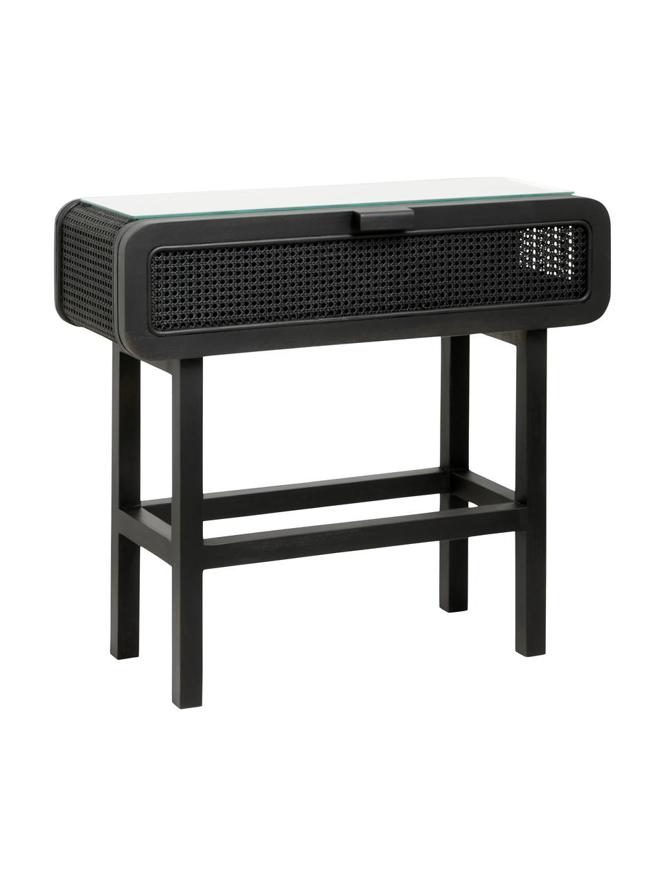 Consola de madera de teca y ratán Merge, Estructura: madera de teca, Tablero: vidrio tintado negro, Negro, An 90 x Al 80 cm