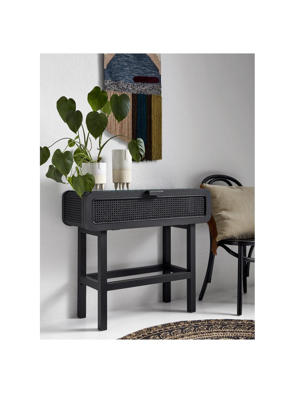 Consola de madera de teca y ratán Merge, Estructura: madera de teca, Tablero: vidrio tintado negro, Negro, An 90 x Al 80 cm