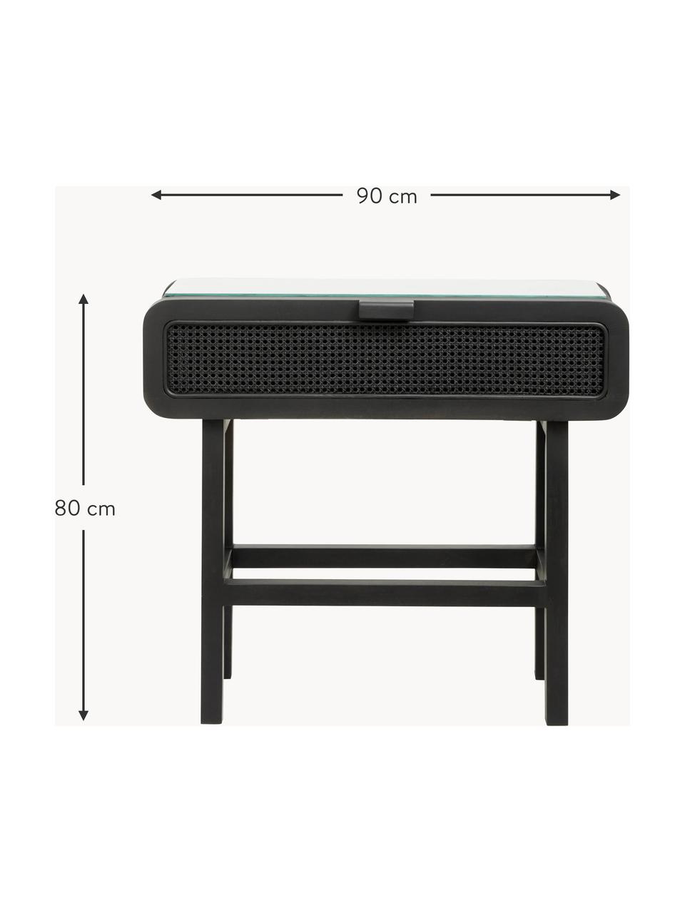 Consola de madera de teca y ratán Merge, Estructura: madera de teca, Tablero: vidrio tintado negro, Negro, An 90 x Al 80 cm
