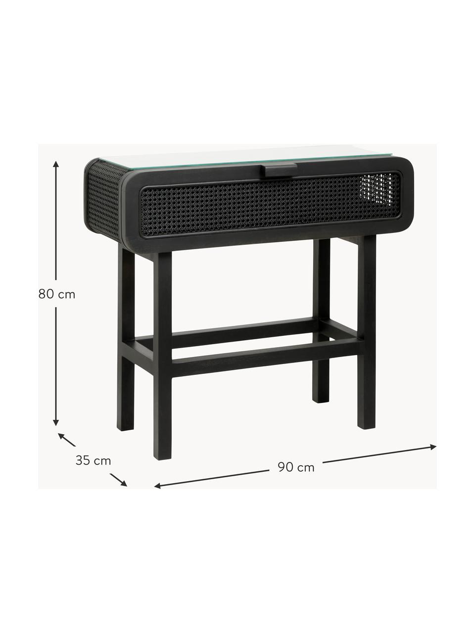 Wandtafel Merge van teakhout met rotan vlechtwerk, Frame: teakhout, Tafelblad: glas, Zwart, B 90 x H 80 cm