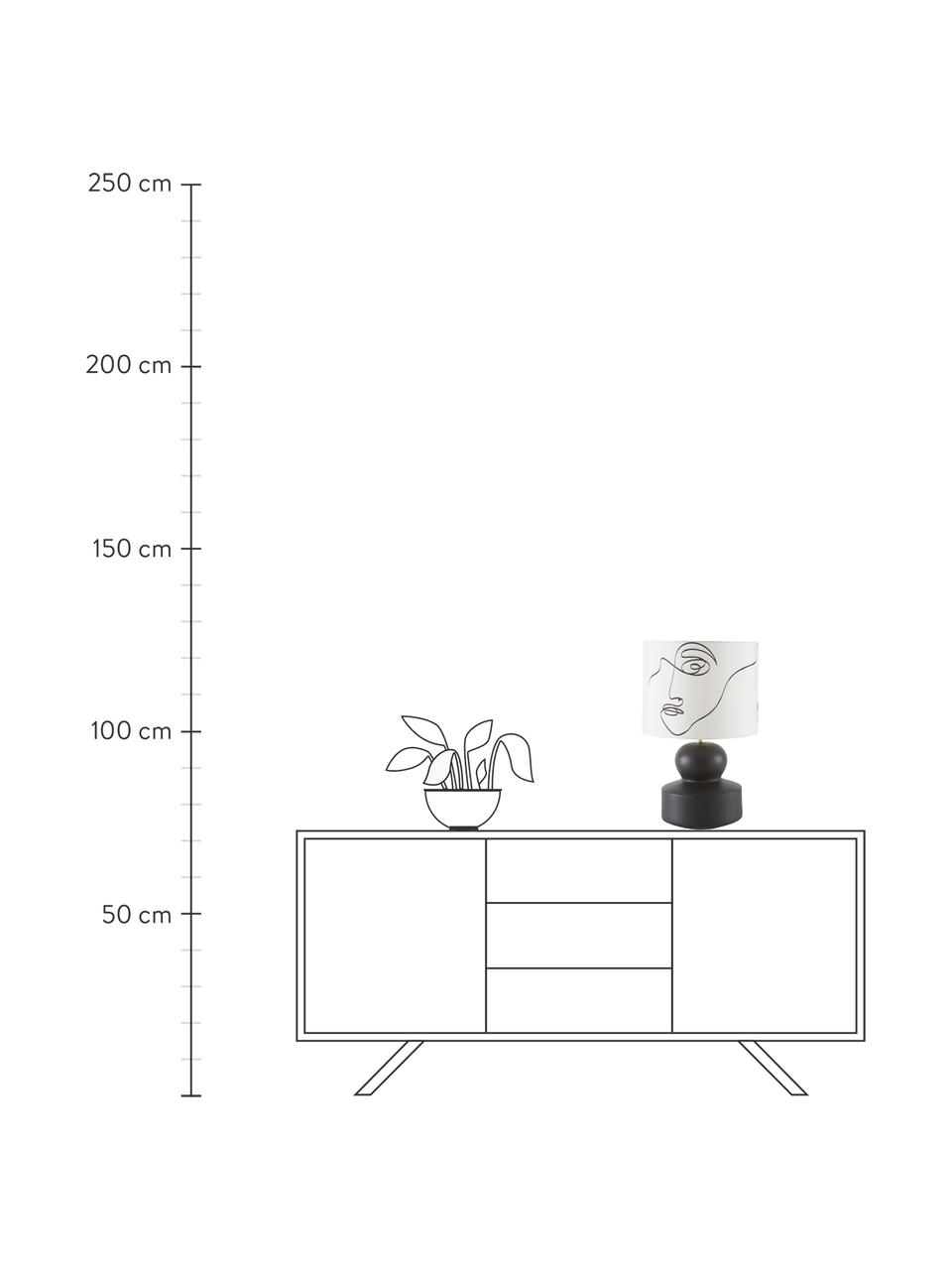 Grote keramische tafellamp Georgina met One-Line-Drawing, Lampenkap: textiel, Lampvoet: keramiek, Decoratie: vermessingd metaal, Crèmewit, zwart, Ø 33 x H 52 cm
