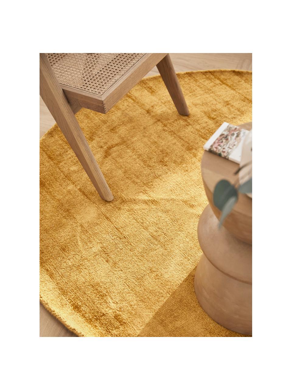 Ručně tkaný kulatý viskózový koberec Jane, Hořčičná žlutá, Ø 120 cm (velikost S)