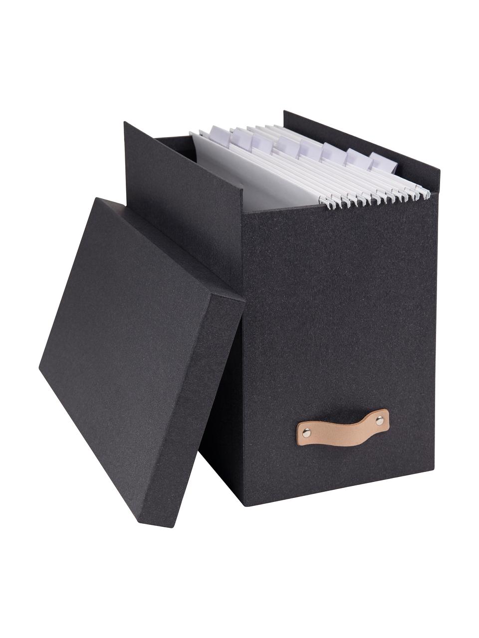 Hängeregister-Box Johan II mit 8 Mappen, Organizer: Fester Karton, mit Holzde, Griff: Leder, Schwarz, Beige, B 19 x H 27 cm