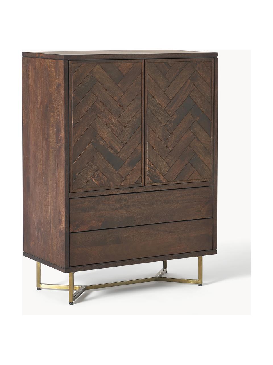 Chiffonnier con cajones y puertas de madera de mango maciza Luca, Patas: metal con pintura en polv, Parte trasera: tablero de fibras de dens, Madera de mango maciza, dorado, An 90 x Al 120 cm