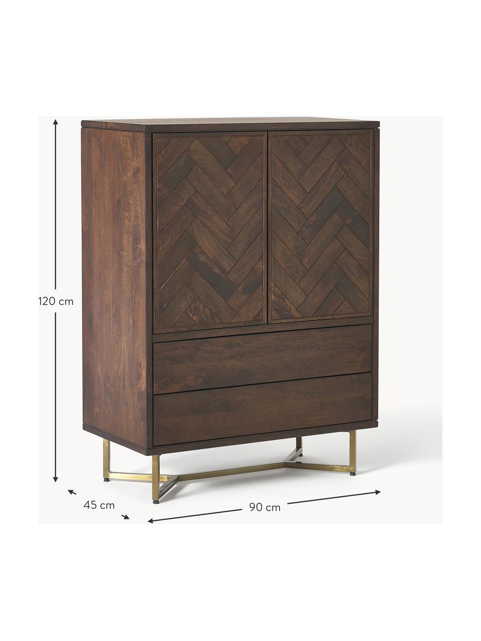 Chiffonnier con cajones y puertas de madera de mango maciza Luca, Patas: metal con pintura en polv, Parte trasera: tablero de fibras de dens, Madera de mango maciza, dorado, An 90 x Al 120 cm