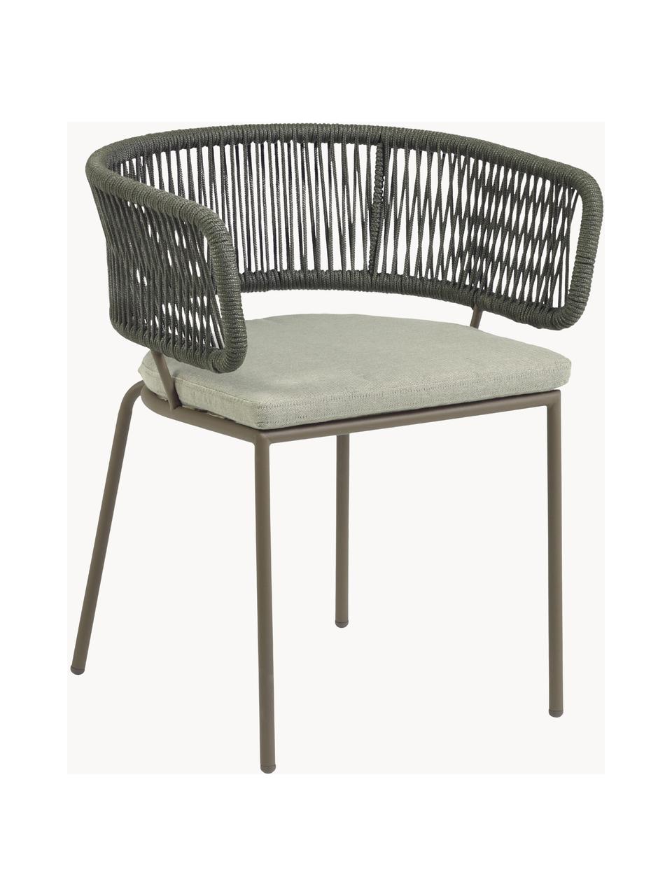 Krzesło ogrodowe z plecionym sznurkiem Nadin, Stelaż: metal ocynkowany i lakier, Tapicerka: poliester, Jasnobeżowa tkanina, oliwkowy zielony, S 58 x G 48 cm