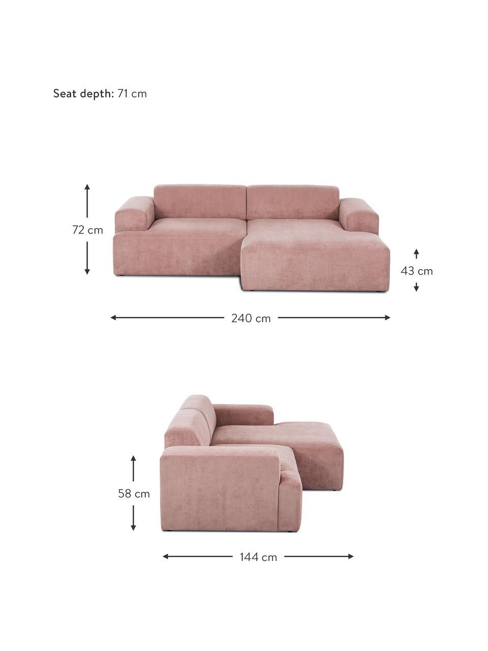 Cord-Ecksofa Melva (3-Sitzer) in Rosa, Bezug: Cord (92% Polyester, 8% P, Gestell: Massives Kiefernholz, Spa, Füße: Kiefernholz Die Füße befi, Cord Rosa, B 240 x T 144 cm