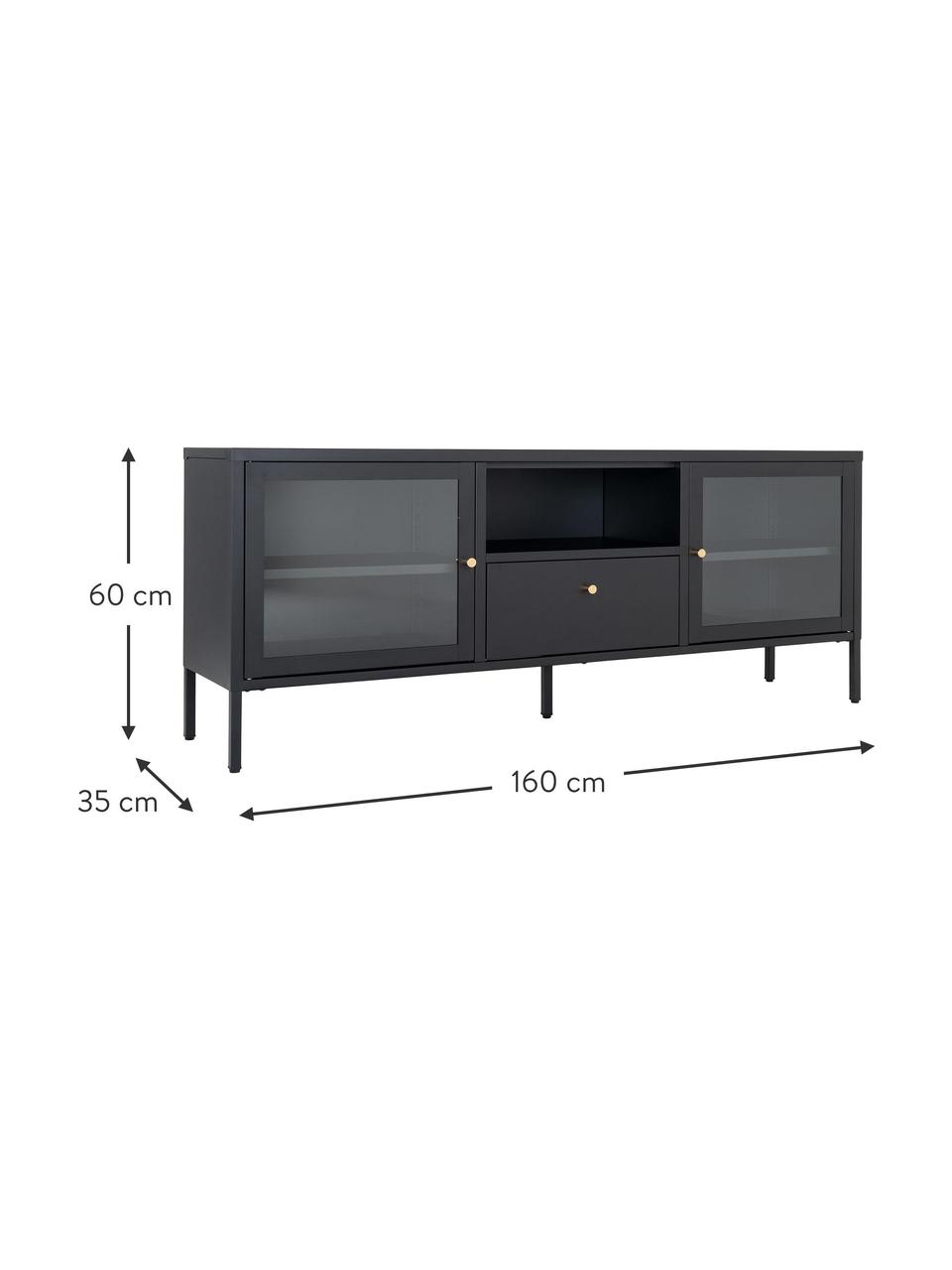 Consolle TV con cassetto Dalby, Struttura: acciaio verniciato a polv, Maniglie: metallo rivestito, Nero, Larg. 160 x Alt. 60 cm