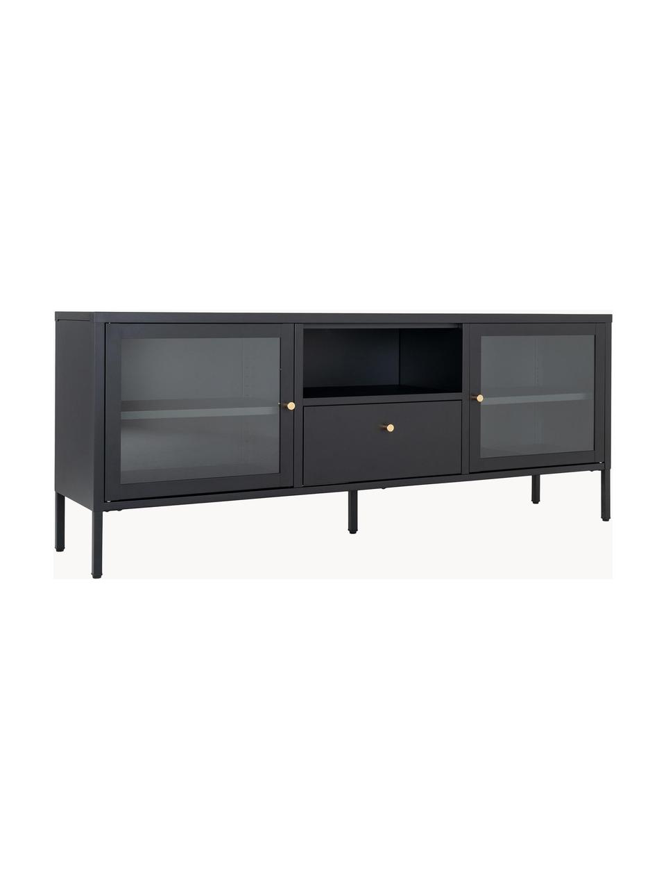 Consolle TV con cassetto Dalby, Struttura: acciaio verniciato a polv, Maniglie: metallo rivestito, Nero, Larg. 160 x Alt. 60 cm