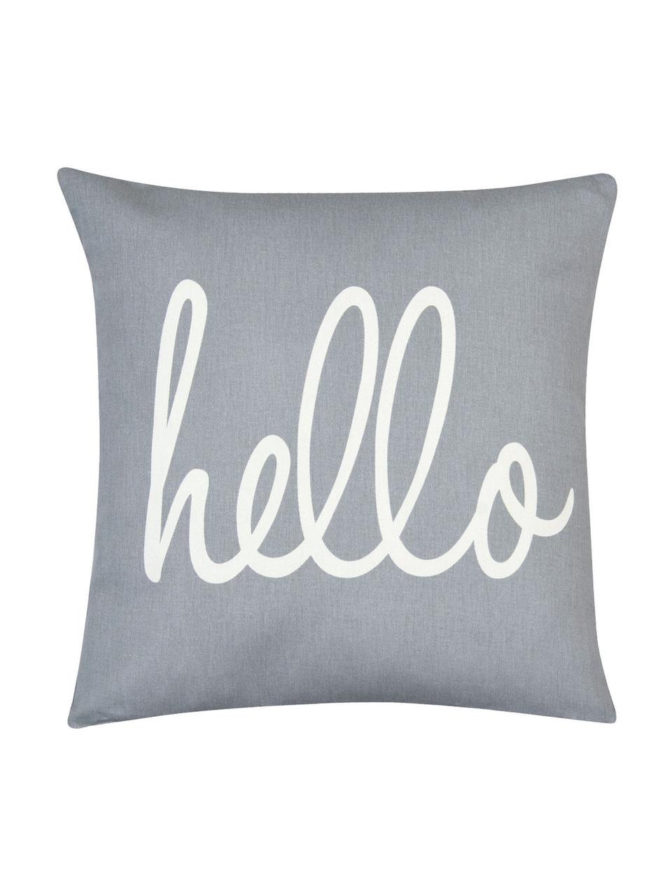 Kissenhülle Hello mit Schriftzug in Grau/Weiß, 100% Baumwolle, Panamabindung, Grau, Creme, 40 x 40 cm