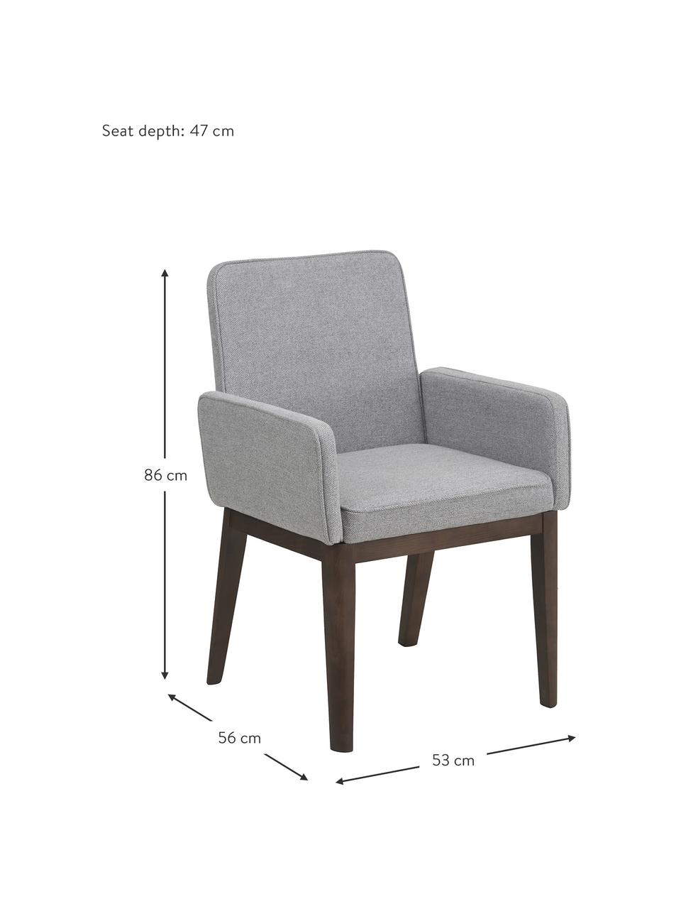 Sedia imbottita con braccioli in tessuto grigio Koga, Rivestimento: 100% poliestere Il rivest, Gambe: legno di frassino, Cornice: metallo, Tessuto grigio, Larg. 54 x Alt. 86 cm