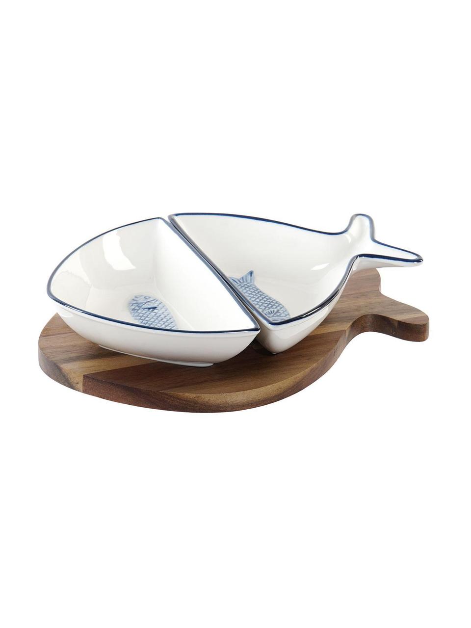 Set de servir Ryba, 3 pzas., Cuencos: Porcelana, Bandeja: Madera de acacia, Blanco, azul, An 24 x Al 5 cm