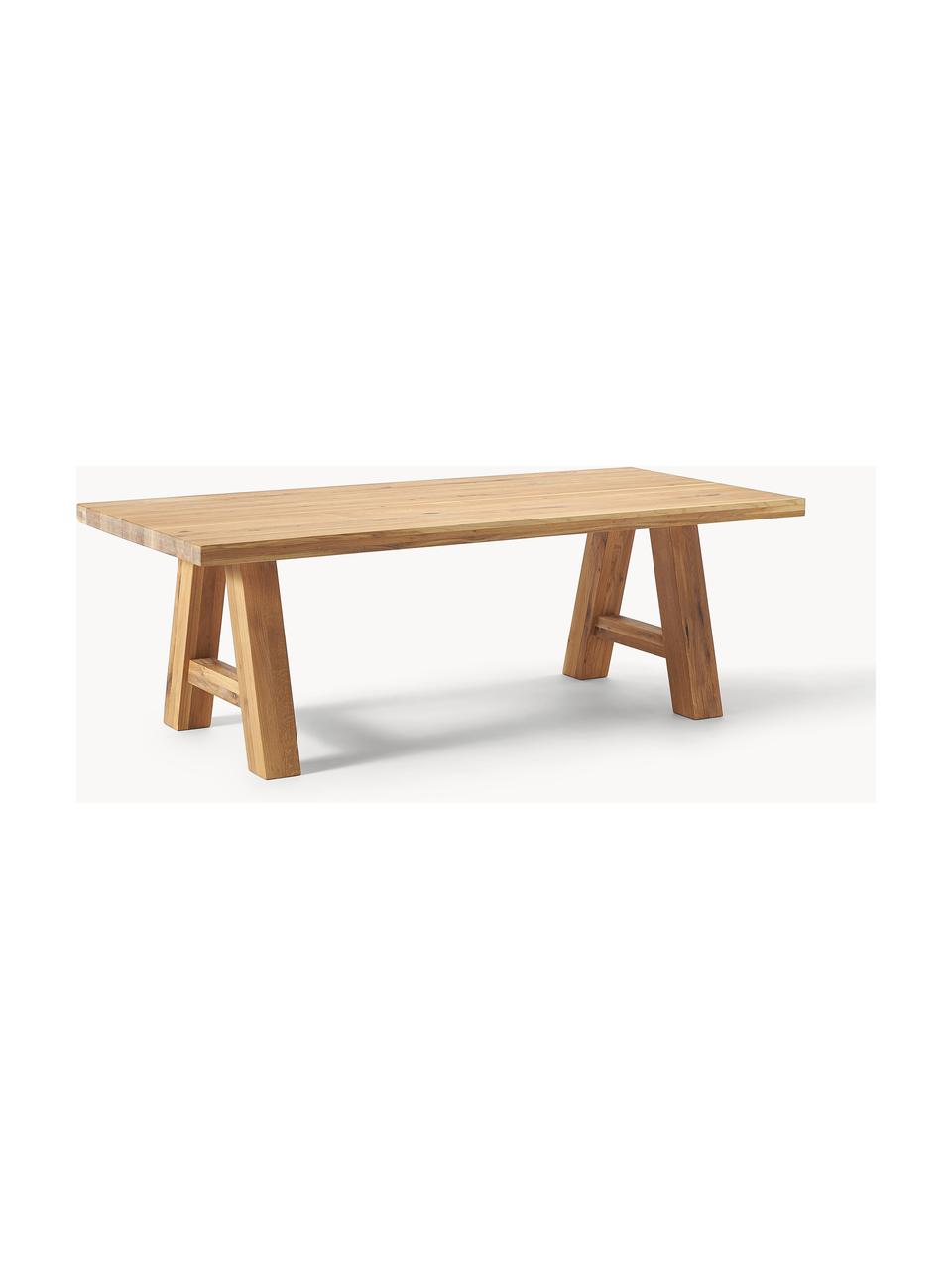 Mesa de comedor de madera de roble Ashton, tamaños diferentes, Madera clara de roble maciza barnizada
100% madera con certificado FSC, procedente de silvicultura sostenible, Madera de roble clara barnizada, An 200 x F 100 cm