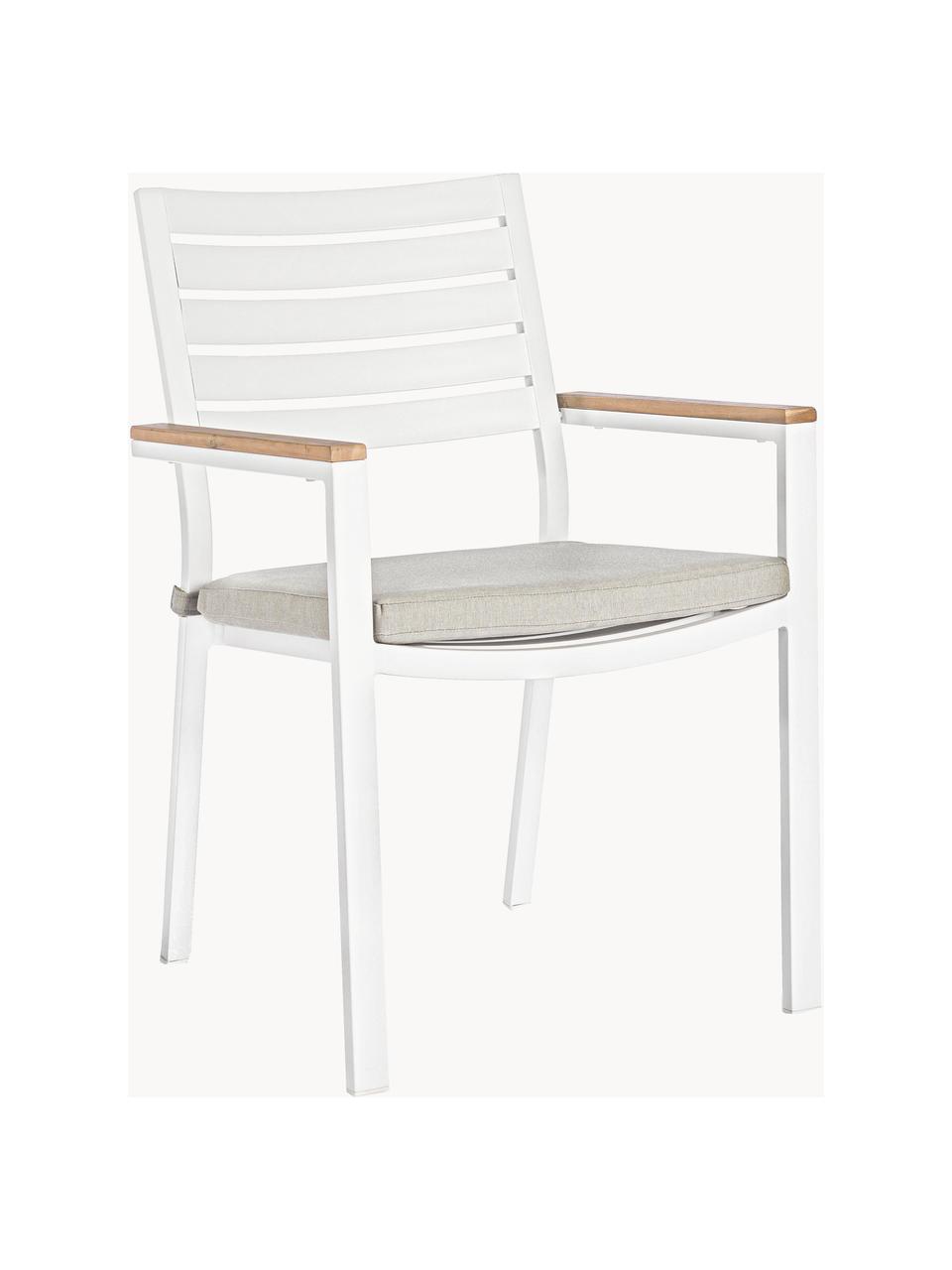 Silla con reposabrazos de jardín con cojín de asiento Belmar, Tapizado: 100% polipropileno, Estructura: aluminio con pintura en p, Reposabrazos: madera, Tejido beige claro, blanco, An 60 x L 58 cm