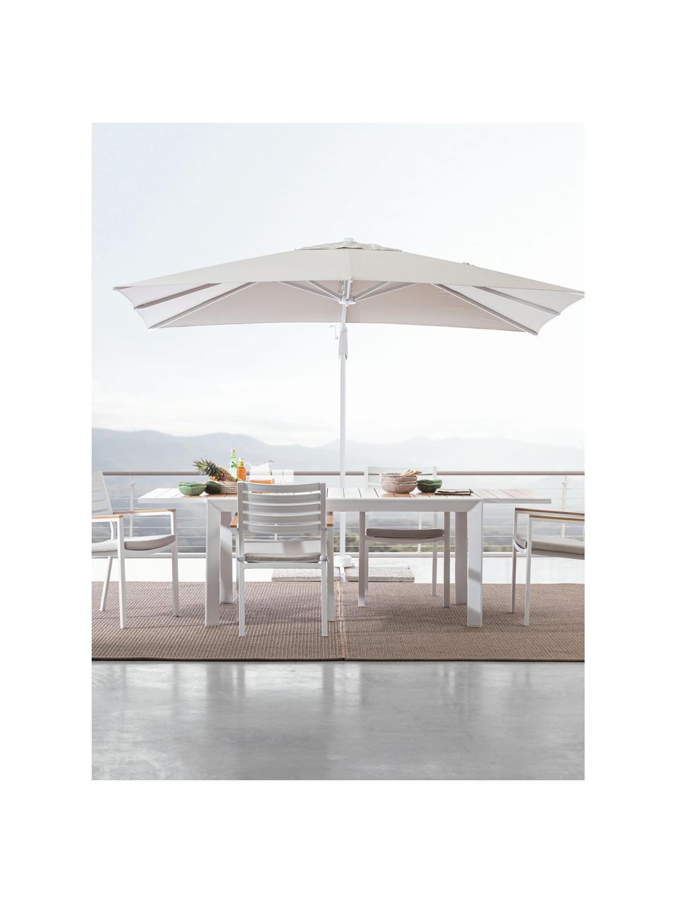 Silla con reposabrazos de jardín con cojín de asiento Belmar, Tapizado: 100% polipropileno, Estructura: aluminio con pintura en p, Reposabrazos: madera, Tejido beige claro, blanco, An 60 x L 58 cm