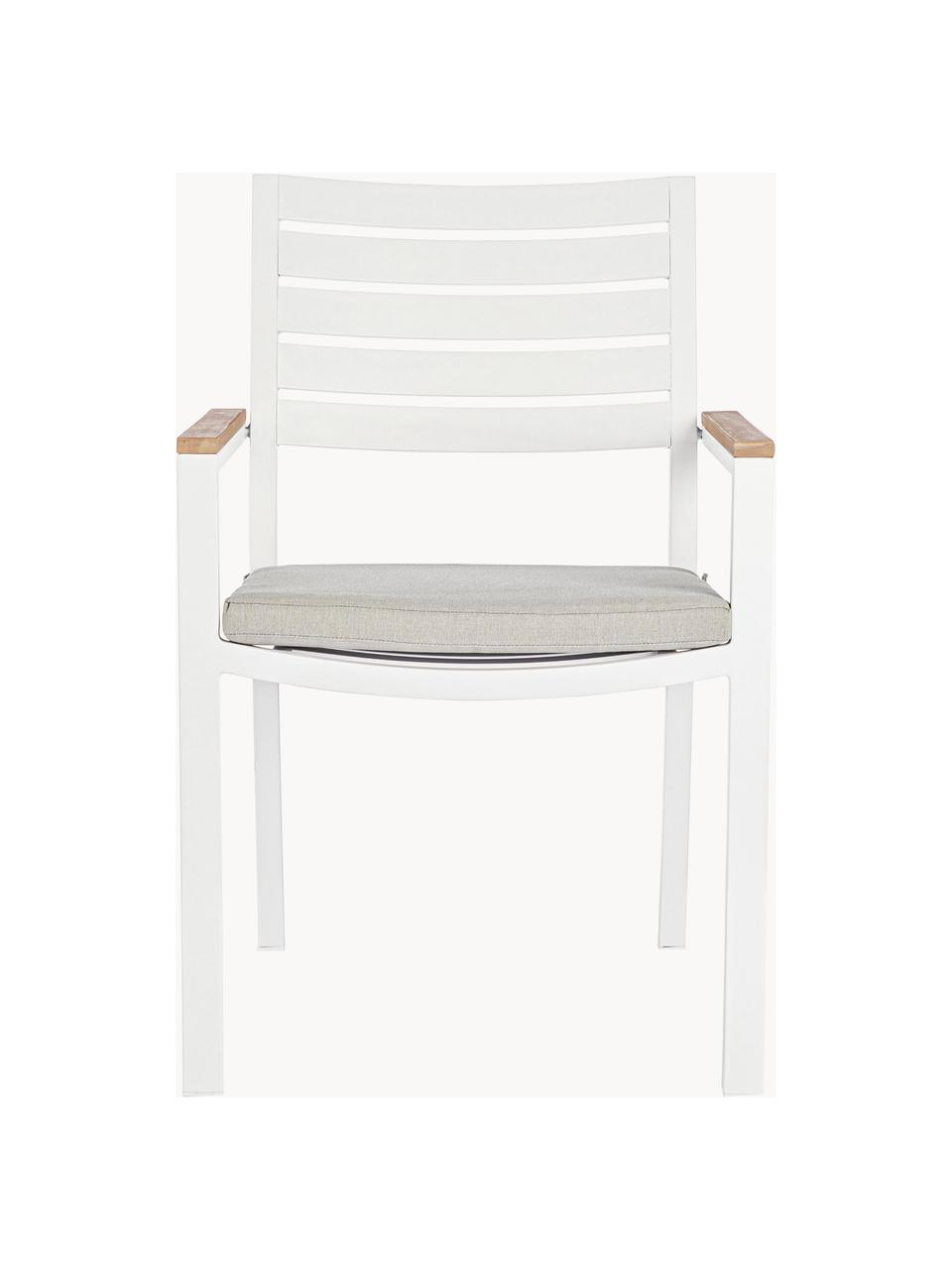 Silla con reposabrazos de jardín con cojín de asiento Belmar, Tapizado: 100% polipropileno, Estructura: aluminio con pintura en p, Reposabrazos: madera, Tejido beige claro, blanco, An 60 x L 58 cm