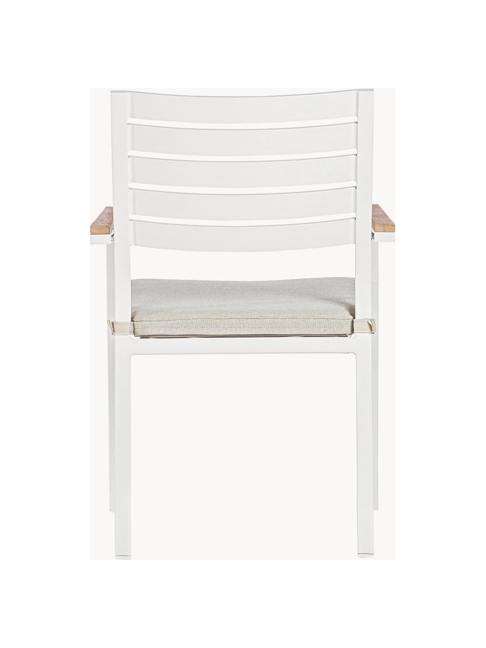 Silla con reposabrazos de jardín con cojín de asiento Belmar, Tapizado: 100% polipropileno, Estructura: aluminio con pintura en p, Reposabrazos: madera, Tejido beige claro, blanco, An 60 x L 58 cm