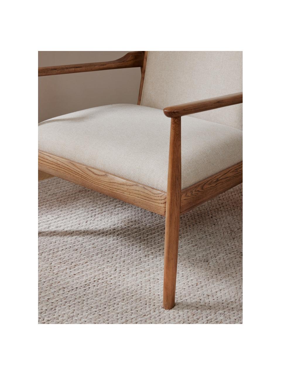 Fotel wypoczynkowy z drewna jesionowego Kira, Tapicerka: 100% poliester, Stelaż: drewno jesionowe, Beżowa tkanina, drewno jesionowe, S 79 x W 78 cm