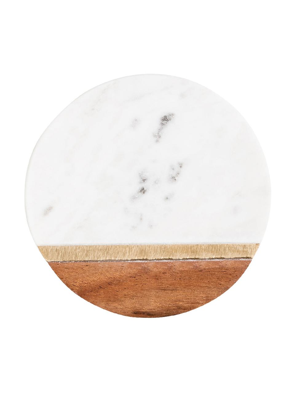 Podkładka z marmuru Luxury Kitchen, 4 szt., Marmur, drewno akacjowe, mosiądz, Biały, drewno akacjowe, mosiądz, Ø 10 x W 2 cm