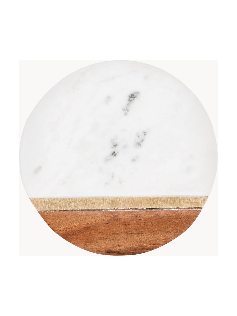 Marmerenonderzetter Marble Kitchen met houten details, 4 stuks, Marmer, acaciahout, messing, Wit, gemarmerd, helder hout, Ø 10 x H 2 cm