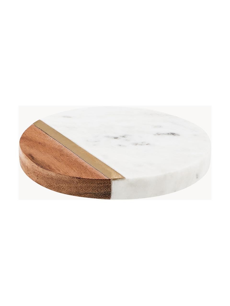 Nápojové podtácky z mramoru Marble Kitchen, 4 ks, Mramor, akáciové dřevo, mosaz, Bílá, mramorovaná, světlé dřevo, Ø 10 cm, V 2 cm