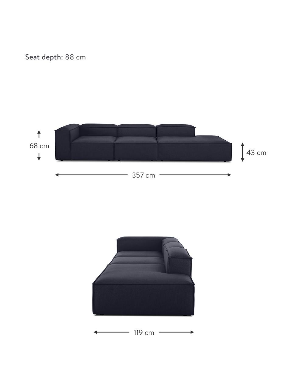 Méridienne modulable XL Lennon, Tissu bleu foncé, larg. 357 x prof. 119 cm, dossier à droite